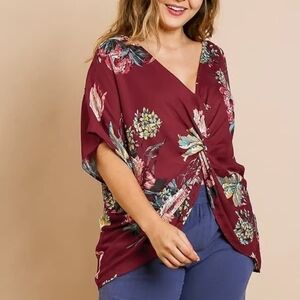 Umgee Wine Floral Blouse | Draped Front V-Neck Boutique Top Plus Size